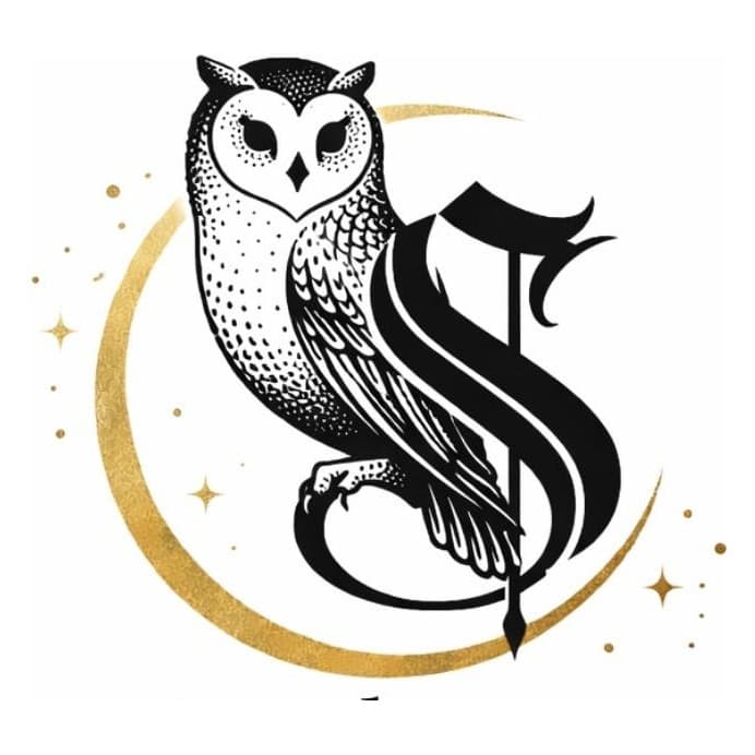 Tattoo by Sova — owl and crescent moon emblem